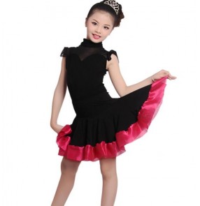 Black hot pink fuchsia patchwork girls kids child children competition performance professional gymnastics latin salsa school play dance dresses set